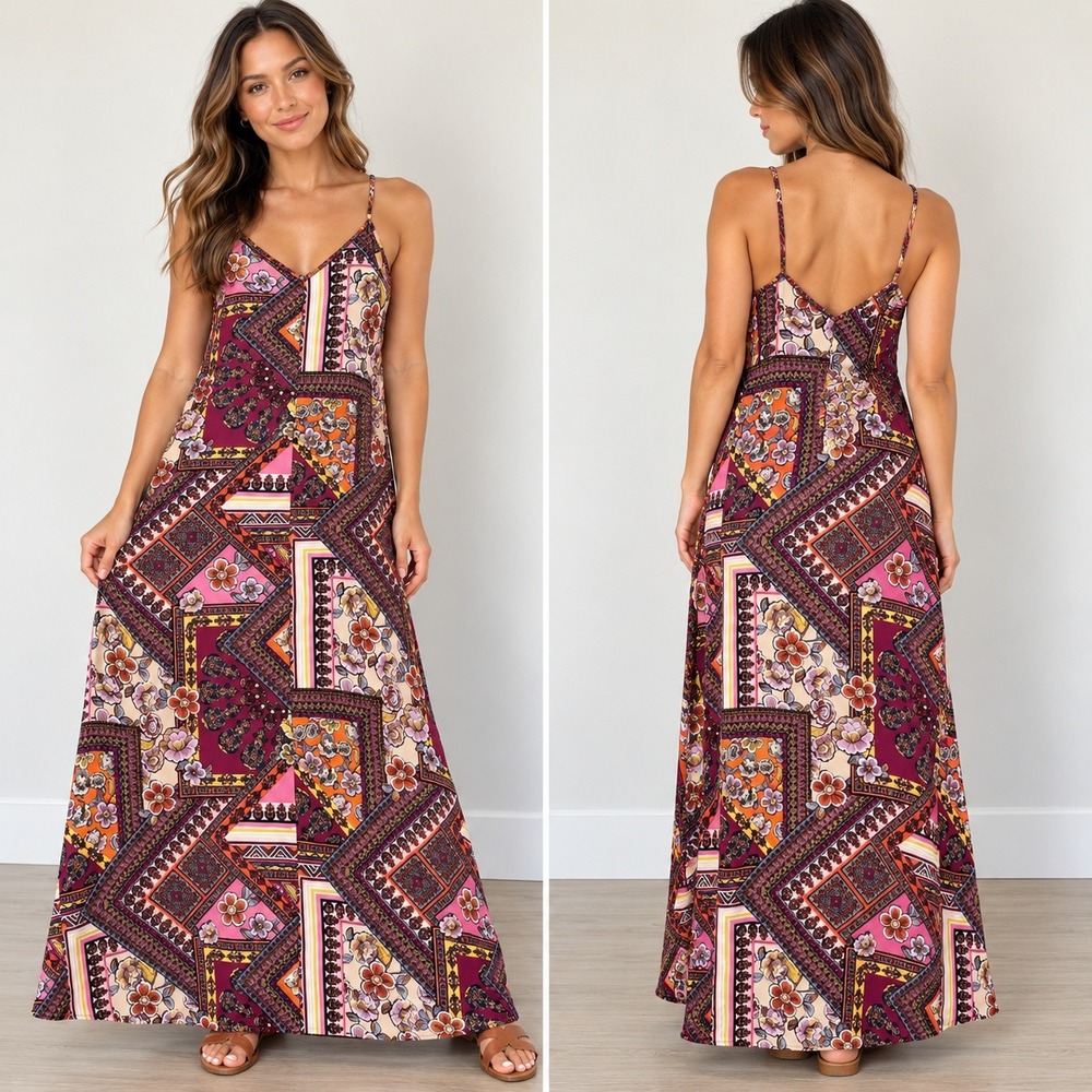 12PM by Mon Ami Women S/M Multicolor Floral Boho Halter Maxi Dress